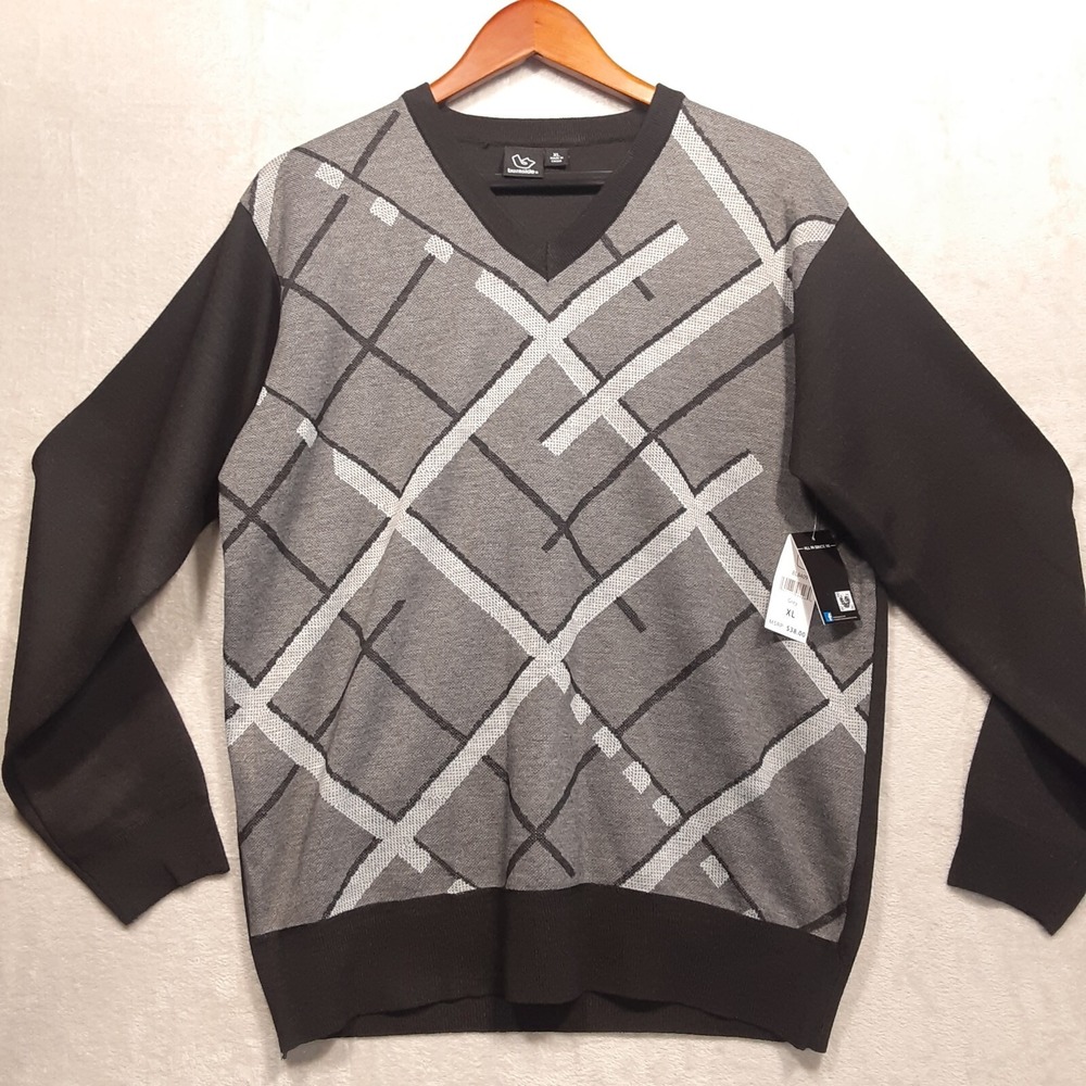 BURNSIDE Mens V-Neck Argyle Striped Pullover Sweater Sz.XL/Black/Polyester